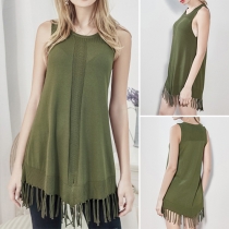 Chic Style Sleeveless Round Neck Tassel Hem Solid Color Top