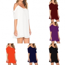 Sexy Off-shoulder Short Sleeve Solid Color Sling Chiffon Dress