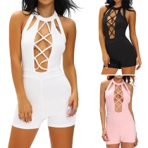 Sexy Crossover Hollow Out Solid Color Halter Romper