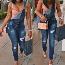 Distressed Style High Waist Ripped Denim Dungarees