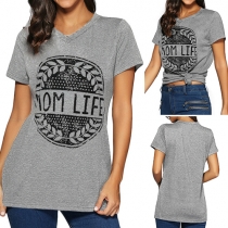 Casual Style Short Sleeve V-neck Printed T-shirt