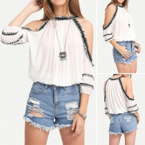 Sexy Off-shoulder Lace Spliced Chiffon Blouse
