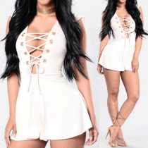 Sexy Lace-up Deep V-neck Sleeveless Solid Color Romper