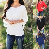 Fashion Solid Color Tassel 3/4 Sleeve Round Neck Chiffon Top