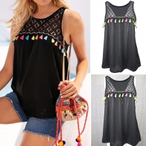 Fashion Lace Spliced Round Neck Tassel Tank Top