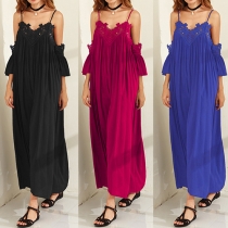 Sexy Backless Off-shoulder Lace Spliced Solid Color Sling Maxi Dress