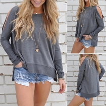Sexy Off-shoulder Long Sleeve Round Neck Slit Hem Solid Color T-shirt