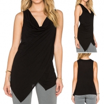 Fashion Solid Color Sleeveless Cowl Neck Irregular Hem T-shirt