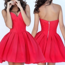 Sexy Strapless V-neck High Waist Solid Color Party Dress