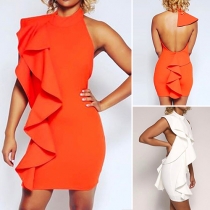 Sexy Backless Solid Color Slim Fit Ruffle Party Dress