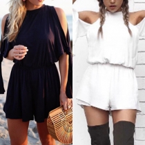 Sexy Off-shoulder Round Neck Elastic Waist Solid Color Romper