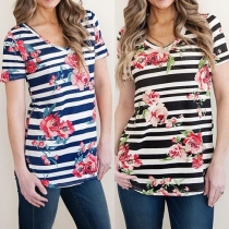 Fashion Short Sleeve V-neck Printed Striped T-shirt