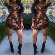 Fashion Camouflage Printed Long Sleeve Round Neck Sheath Dress