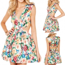 Sexy Deep V-neck Hollow Out Sleeveless Printed Dress