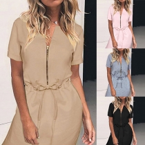 Fashion Solid Color Short Sleeve V-neck Elastic Waist Dress