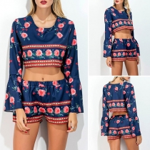 Fashion Printed Trumpet Sleeve Crop Top + Shorts Two-piece Set