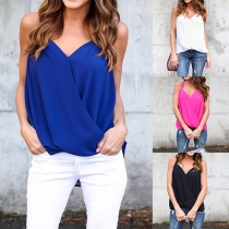 Fashion Solid Color Crossover V-neck Chiffon Cami Top