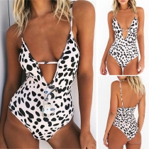 Sexy Backless Deep V-neck Leopard Print One-piece Swimsuit