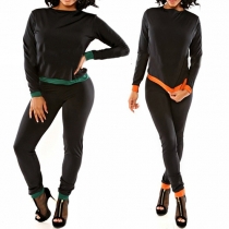 Fashion Casual Spliced Long Sleeve Tops + Sport Pants Two-piece Set 