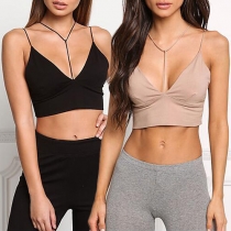Fashion Sexy Solid Color Deep V-neck Backless Crop Top 