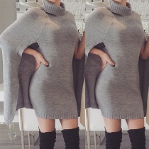 Fashion Elegant Solid Color Cloak Sleeve High Neck Bodycon Sweater Dress 