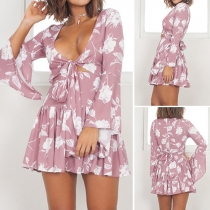 Fashion Sexy Floral Printed Deep V-neck Flare Sleeve Pleated Dress 