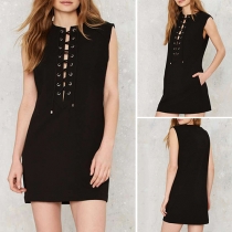 Fashion Elegant Solid Color Front Bandage Sleeveless Bodycon Dress 