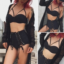 Sexy Solid Color Hollow Out Bikini Bra + Lace-up High Waist Briefs Bikini Set