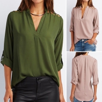 Fashion Solid Color Long Sleeve V-neck Hollow Out Blouse