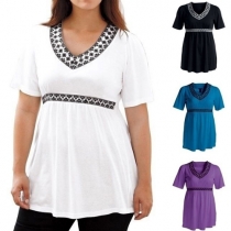 Fashion Half Sleeve V-neck Printed Spliced T-shirt