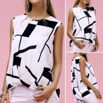 Fashion Geometric Print Sleeveless Round Neck High-low Hem Top