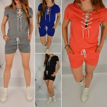 Fashion Solid Color Short Sleeve Lace-up V-neck Romper
