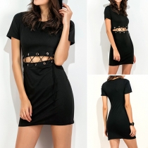 Sexy Hollow Out lace-up High Waist Short Sleeve Round Neck Sheath Dress