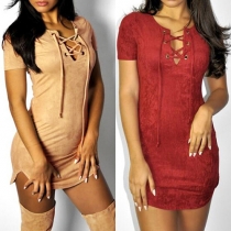 Fashion Solid Color Short Sleeve Lace-up V-neck Slim Fit Dress