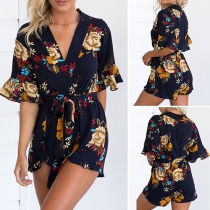 Sexy Deep V-neck Short Sleeve Printed Romper with Waist Strap
