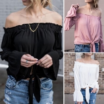 Sexy Off-shoulder Boat Neck Trumpet Sleeve Lace-up Hem Solid Color Top