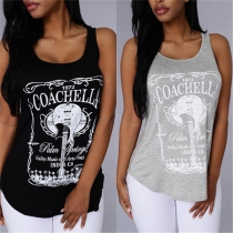 Fashion Printed Round Neck Arc Hem Casual Tank Top