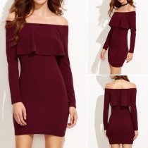 Sexy Off-shoulder Boat Neck Long Sleeve Slim Fit Solid Color Party Dress