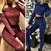 Fashion Long Sleeve Round Neck Crop Top + High Waist Pants Two-piece Set