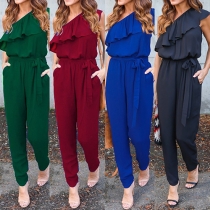 Sexy One-shoulder Ruffle Solid Color Jumpsuit