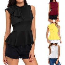 Fashion Solid Color Sleeveless Mock Neck Ruffle Top