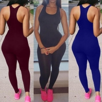 Fashion Solid Color Sleeveless Round Neck Slim Fit Sports Jumpsuit