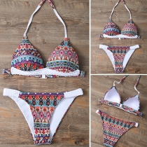 Sexy Printed Braided Spliced Halter Bikini Set