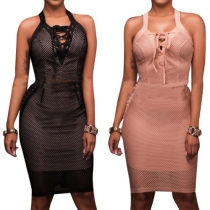 Sexy Lace-up V-neck Mesh Spliced Slim Fit Party Dress