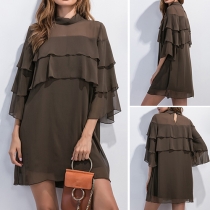 Fashion Solid Color 3/4 Trumpet Sleeve Multilayer Chiffon Dress