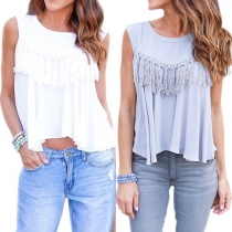 Fashion Solid Color Sleeveless Round Neck Tassel Top