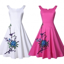 Retro Style Sleeveless Round Neck Embroidered Dress