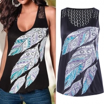 Fashion Lace Spliced Feather Printed Tank Top