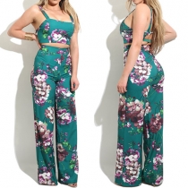Sexy Backless Crop Top + High Waist Wide-leg Pants Printed Two-piece Set