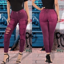 Fashion Solid Color High Waist Slim Fit Ripped Pencil Pants